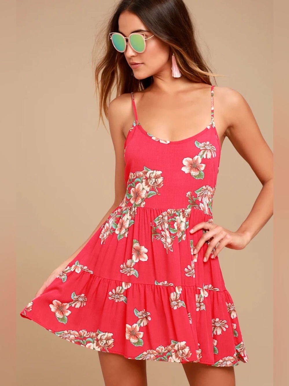 Lulus Posy Promenade Red Floral Lace-Up Tiered Mini Dress